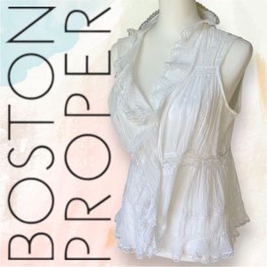 Boston Proper Ruffle Lace Embroidered White Sleeveless Blouse Tank Vest Size 12